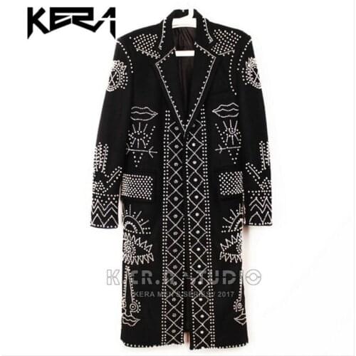 S-5xl Hot Sell Heavy Industry Pearl Black Woolen Long Coat Tide Trench Men 's Party Performance Clothes Singer Stage Costumes