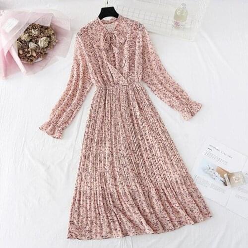 2020 Spring Summer Women Chiffon Dress Fashion Female Casual Long Sleeve Floral Print Pleated Dress Elastic Waist A-line Vestido