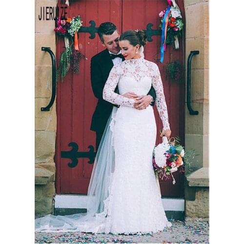 JIERUIZE Vintage Sheath Lace Wedding Dresses High Neck Long Sleeves Button Back Muslim Bridal Wedding Gowns vestidos de novia