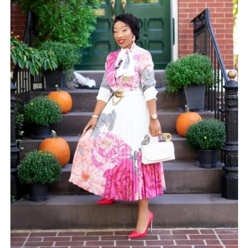 RMSFE 2021 Women Temperament Commuter Print Middle Waist White Long Sleeve Simple Quality Dress