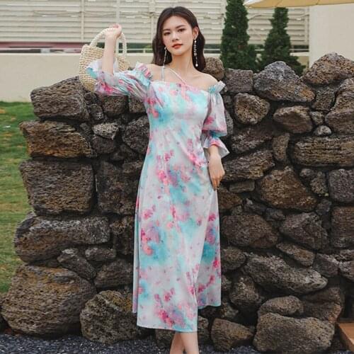 Fashion Summer Vintage Puff Sleeve Beach Maxi Dress Ladies OL Elegant Robe Casual Sexy Off-Shoulder Sweet Floral Vacation Dress