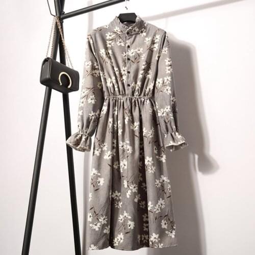 2020 Autumn Winter Women Corduroy Dresses Casual Long Sleeve High Elastic Waist Flower Print Party Dress Female Dress Vestidos