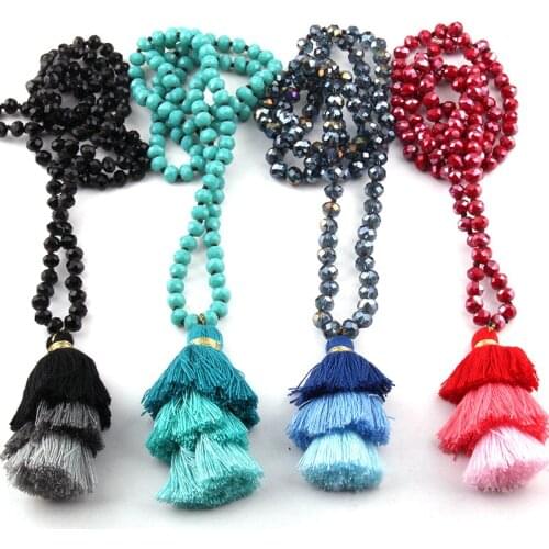 Free Shipping Fashion Bohemian Tribal Jewelry Glass Crystal long Knotted 3 Color Tassel Necklace