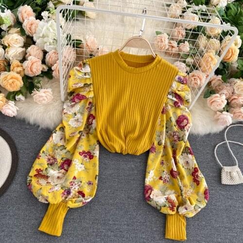 Womens Spring Autumn Runway Fashion Flower Print Patchwork Shirt Female Vintage High Waist Casual Blouse Tees Tops TB1600