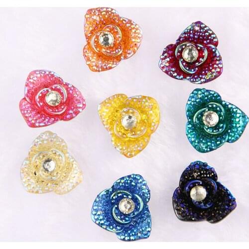 BOLIAO 20Pcs 19mm Rose Flower AB Color Shiny Resin Rhinestone Flat Back Sew on Bags/Clothes Pendant Decoration R311