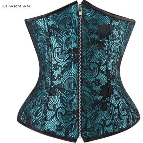 Charmian Womens Sexy Gothic Paisley Vintage Jacquard Brocade Zipper Waist Cincher Lingerie Underbust Corset Top Body Shapewear