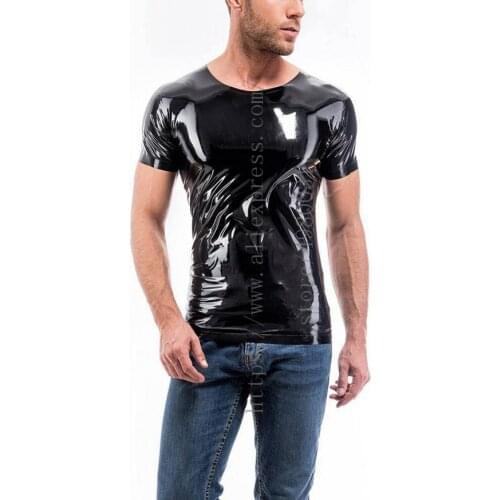 Cool mens short sleeve latex tights tops black latex t-shirt made of 0.4mm thickness natural latex materials