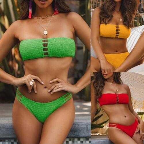 Ribbed Two Piece Swimwear Womens Bandeau Bikini Set Strapless Hollow Out Tops High Cut Bottom Two Pieces Swimsuit Set