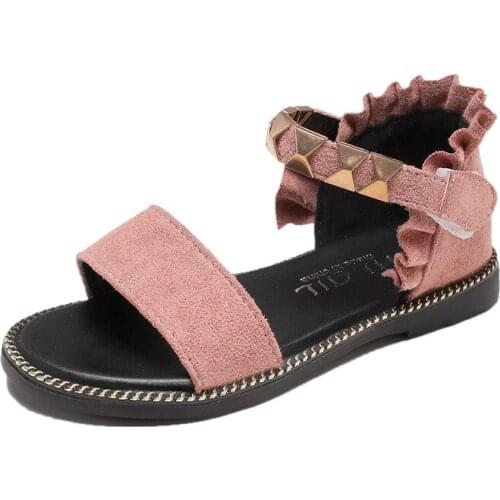 Fashion Suede Leather Summer Ruffles Rivets Sandals Childrens Big Kids Soft Bottom Beach Shoes 5 6 7 8 9 10 11 12 13 14 Years