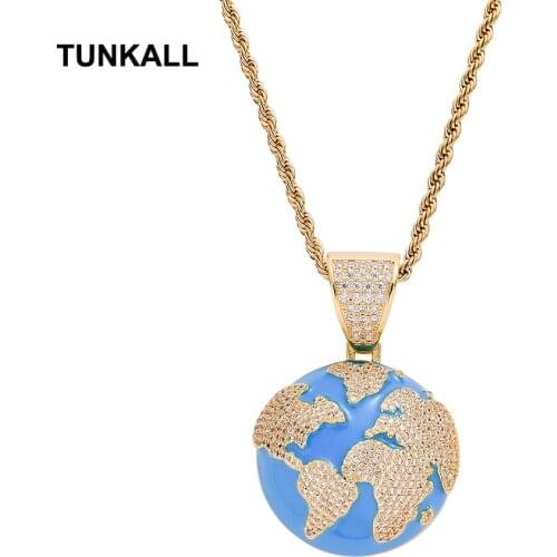 TUNKALL Men Brass CZ jewelry earth Pendant Mirco Pave Prong Setting Iced Out Cubic Zircon Necklace Hip Hop gift Jewelry CN274