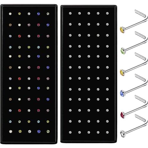 60pcs/lot 20G Colorful Nose Ring Set Stainless Steel Nose Piercings 3MM L CZ Crystal Gem Bone Retainer Piercing Jewelry