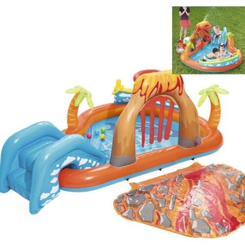 Inflatable Play Center Pool Seaside Water Play Center with Water Slide Coconut Palm Sprinkler Ball Toss Game Ring Toss Game