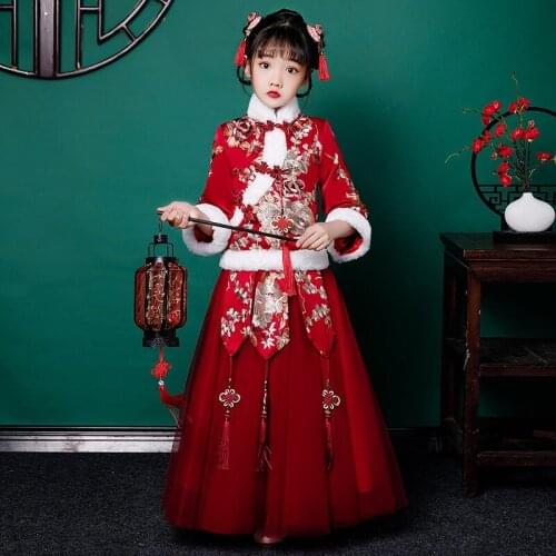 Autumn And Winter Girls' Hanfu Long Sleeves Tang Dress Chinese Embroidery Evening Clothing New Years Flower Childrens Wear