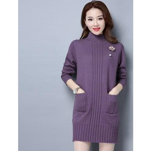 Autumn Winter New Women Fashion Casual Warm Sweater Cashmere Turtleneck Pullover Mid-Length Dress Female Pocket Tops Clothing