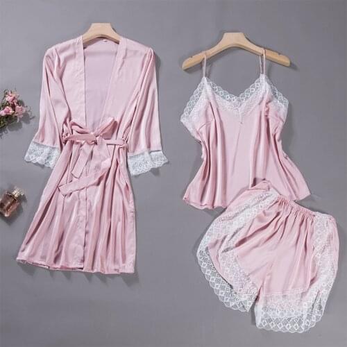Pajama Women Silk 3 Piece Suit Sexy Sleepwear Summer Night Underwear Long Sleeve Pajama Set Femme with Chest Pad