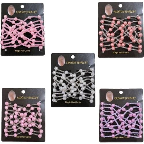 Lovef 5 Pcs Ez Stretchable Combs Lady Women Girls Pearl Hair Combs Double Clips Beaded Comb