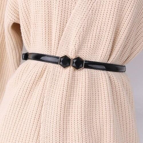 Women Lady Belt Fashion Adjustable Waistbands Punk Metalic Waistband Waist Double Buckle Black Gem Buckles Thin PU Patent Belts