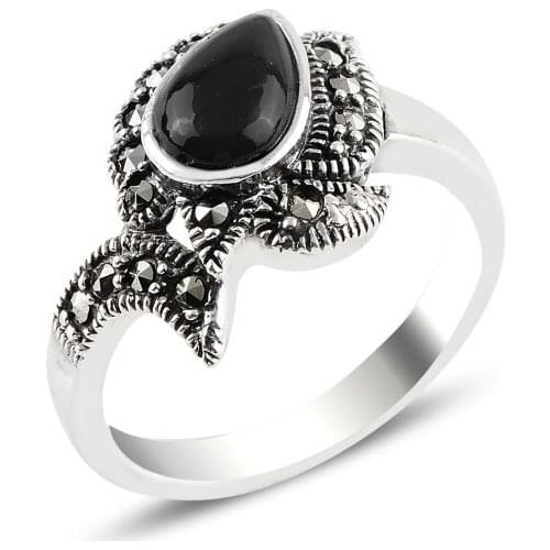 Silver 925 Sterling Onyx & Marcasite Ring