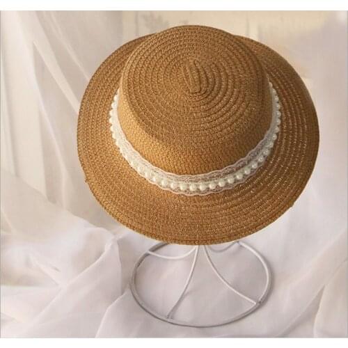 Toddler Girls Summer Straw Sun Hats Cap Fashion New Pearl Lace Wide Brim Kids Sun Protection Panama Beach Hat Chapeu Feminino