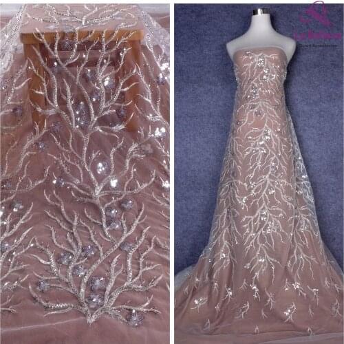 La Belleza 2021 flowers bridal lace,sequins beaded lace fabric,Off white/silver beading sequins lace fabric 51'' width 1 yard