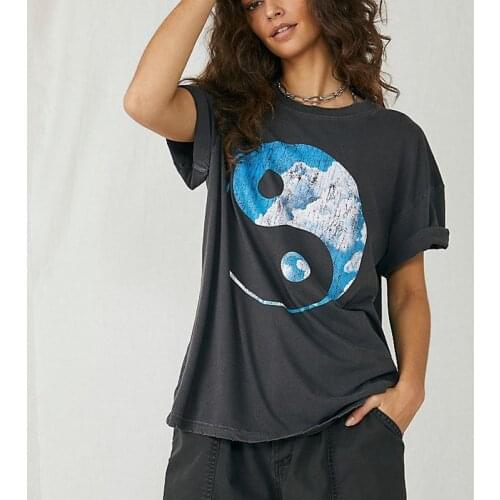 Ladies summer T-shirt dark gray Tai Chi pattern printing T-shirt loose casual street top clothing