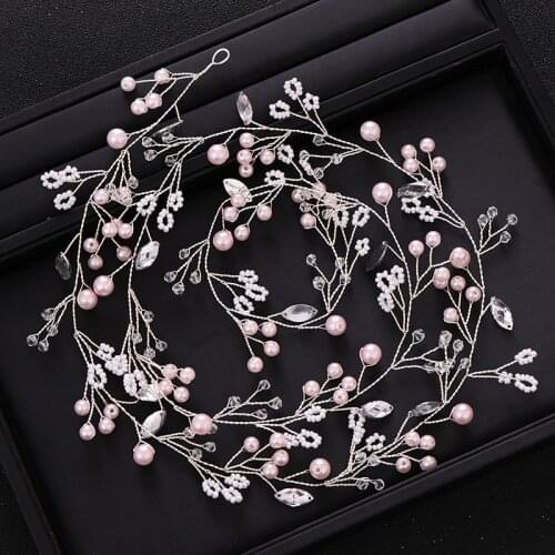 Bridal Headband tiara Silver color Crystal Pink Pearl Wedding Headband Handmade Hair Vine Headpieces Hair Jewelry Accessories
