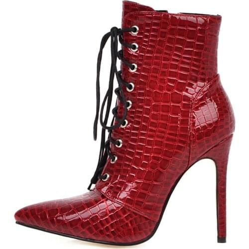 Snake Ankle Boots For Women Fashion Pointed Toe High Heels Womens Short Boots Sexy Lace Red White Party Shoes Woman Big Size 48