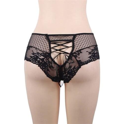 Plus Size Sexy Exotic Briefs Panties Female Underpants Charming Lace Mesh See-Through Solid Bow Tie Hollow High-Waist Lingerie