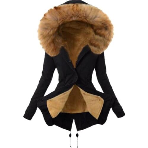 Women Coats Women Parkas Overcoat Winter Hooded Fur Lining Winter Jacket Female Outwear Fur Collar Thicken Cotton