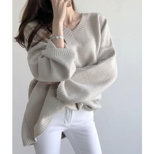 2021 Spring Women New Gentle Casual V-neck Loose Soft Minimalist Solid Color Long Sleeve Pullover Knitting Sweater C938