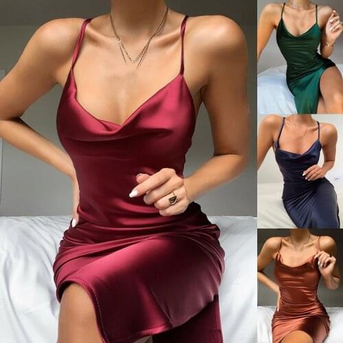 Summer 2021 Women New Sleeveless Spaghetti Strap Silk Long Dress Backless Low-cut Elegant Fake Satin Party for Club Midi Dresses