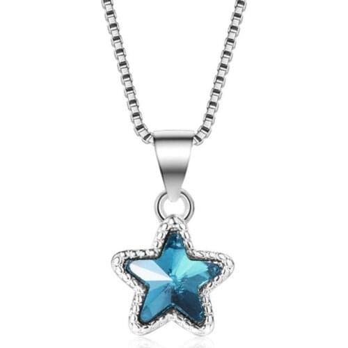 KOFSAC New Charming Blue Crystal Star Pendant Necklace 925 Pure Silver Chain Necklaces For Women Valentines Day Jewelry Gifts