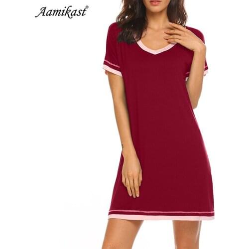 Women Patchwork Casual Night Dress Sleepwear Cotton V-Neck Short Sleeve Solid Nightgown Lounge Dress Female Night Sleeping Dress