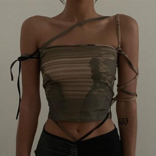 Women Sexy Bandage Backless Tie Up Halter Top Camouflage Print Sleeveless Crop Tops Y2K Summer Fashion Clothing