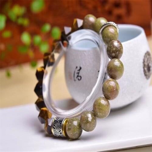 10mm Tiger Eye Stone Section And Flower Green Stone Bracelet Natural Healing Energy Gem Hand Knitting