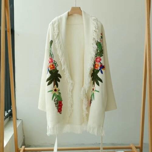 2021 Spring Women High quality flroal embroidery tassels cashmere cardigans Chic elegant women wool Belt knitted coat C795