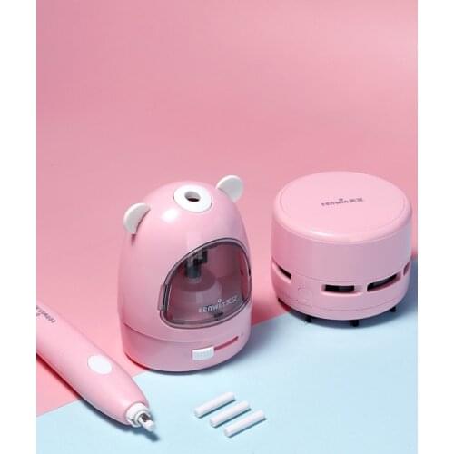 3pcs Electric Stationery Set Pencil Sharpener Automatic Eraser Cartoon Cute Vacuum Cleaner Kids Learning Kit Box Boy Girls Gifts