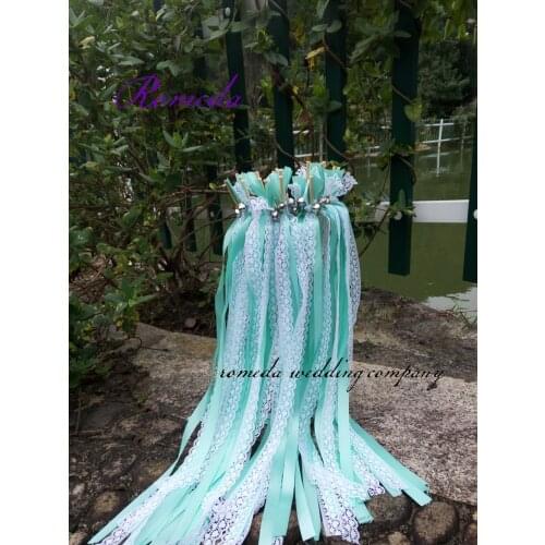 FREE SHIPPING--(50Pieces/Lot)Style D Green ribbon lace wedding wands with bell Wedding Ribbon Stick,ribbon Twirling Streamers
