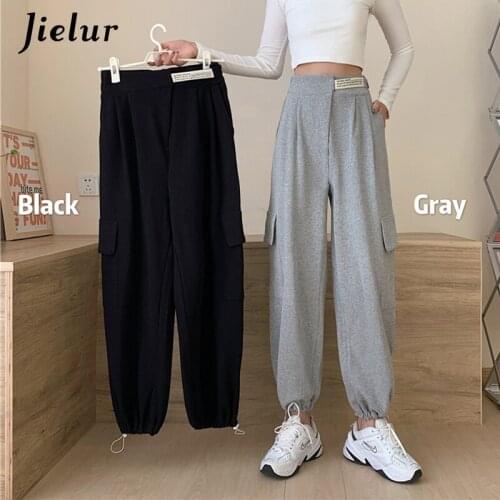 Jielur New Black Grey Pants for Women Summer Joggers Casual High Waist Trousers Young Sportswear Chic Applique Pockets Pantalon