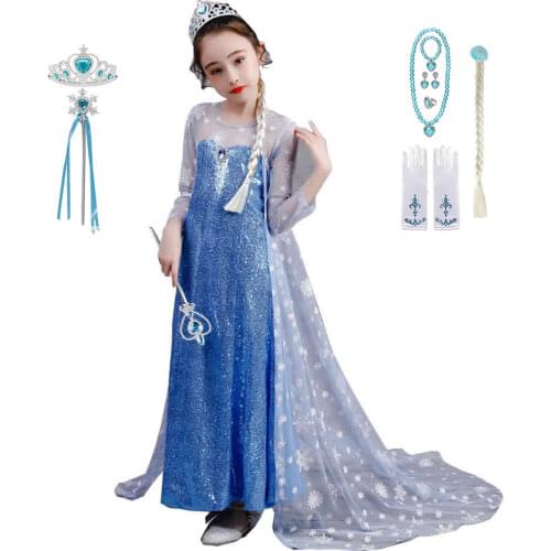 Princess Costumes For Girls Kids Elsa Halloween Party Fancy Gown Blue Sequin Long Sleeves Dress With Snowflake Tulle Cloak 2-10T