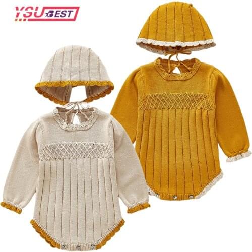 0-3Yrs Baby Girl Knit Rompers Spring Autumn Baby Long Sleeve Fashion Infant Clothes Baby Girl Pure Color Rompers And Hat Clothes