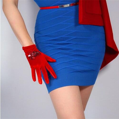 Inlaid Rhinestones Velvet Gloves 22cm Short Style Red High Elastic Swan Velour Gold Velvet A+ Rhinestone Ruby Female WSR40