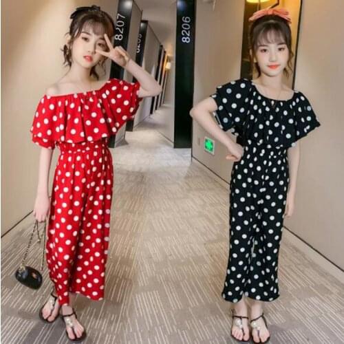 Cultiseed Girls Summer Slash Neck Off The Shoulder Ruffles Polka Dot Print Jumpsuits Clothes Big Children Kid New Casual Rompers