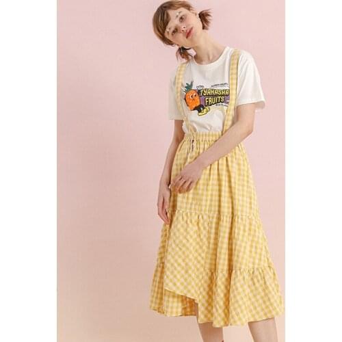 Cute Sweet Summer Yellow Plaid Dresses Women Chiffon Skirt A-line Elastic Waist Removable Strap Dress For Female