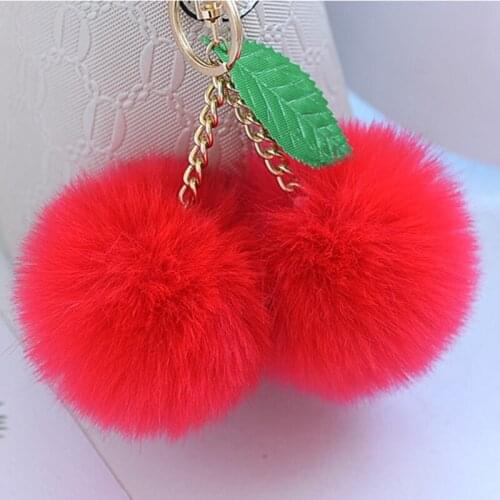 Fashion New Cute Fluffy Faux Rabbit Fur Ball Pompom Keychain Cherry Gold Key Chain Pom Pom Keyring Bag Charms Wedding Gift
