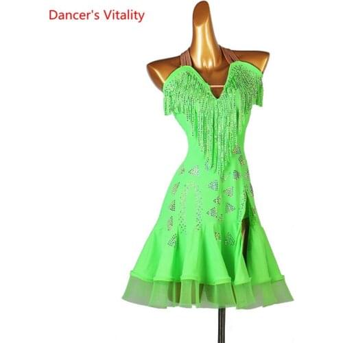 Latin Dance Dress V-NeckTassel Diamond Skirt Performance Clothes High-End Custom Adult Child Profession Competition Clothing