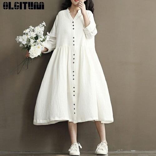 OLGITUM Cotton Linen White Color Women Dress 2020 Spring New Long Sleeve Stand Neck Loose Bat Sleeve Irregular Dresses DR913