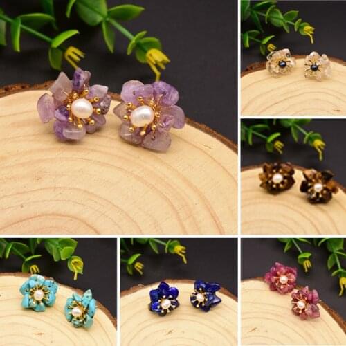 Natural Fresh Water Pearl Stud Earrings For Women Lapis Lazuli Tiger Eye Stone Flower Earring For Party Fine Jewelry Accessories