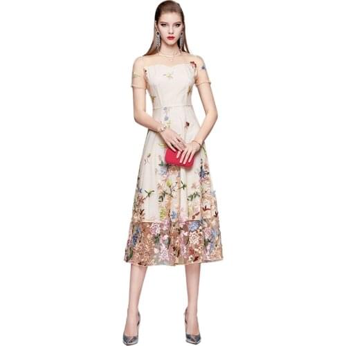 Simgent Floral Embroidery Dress Mesh Patchwork Women Summer Fashion Short Sleeve Elegant Party Dresses Femme Robe Jurk SG14136