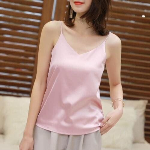 Spaghetti Strap Top Women Halter V-neck Basic Sleeveless Satin Silk Tank Tops Womens Summer Camisole Plus Size